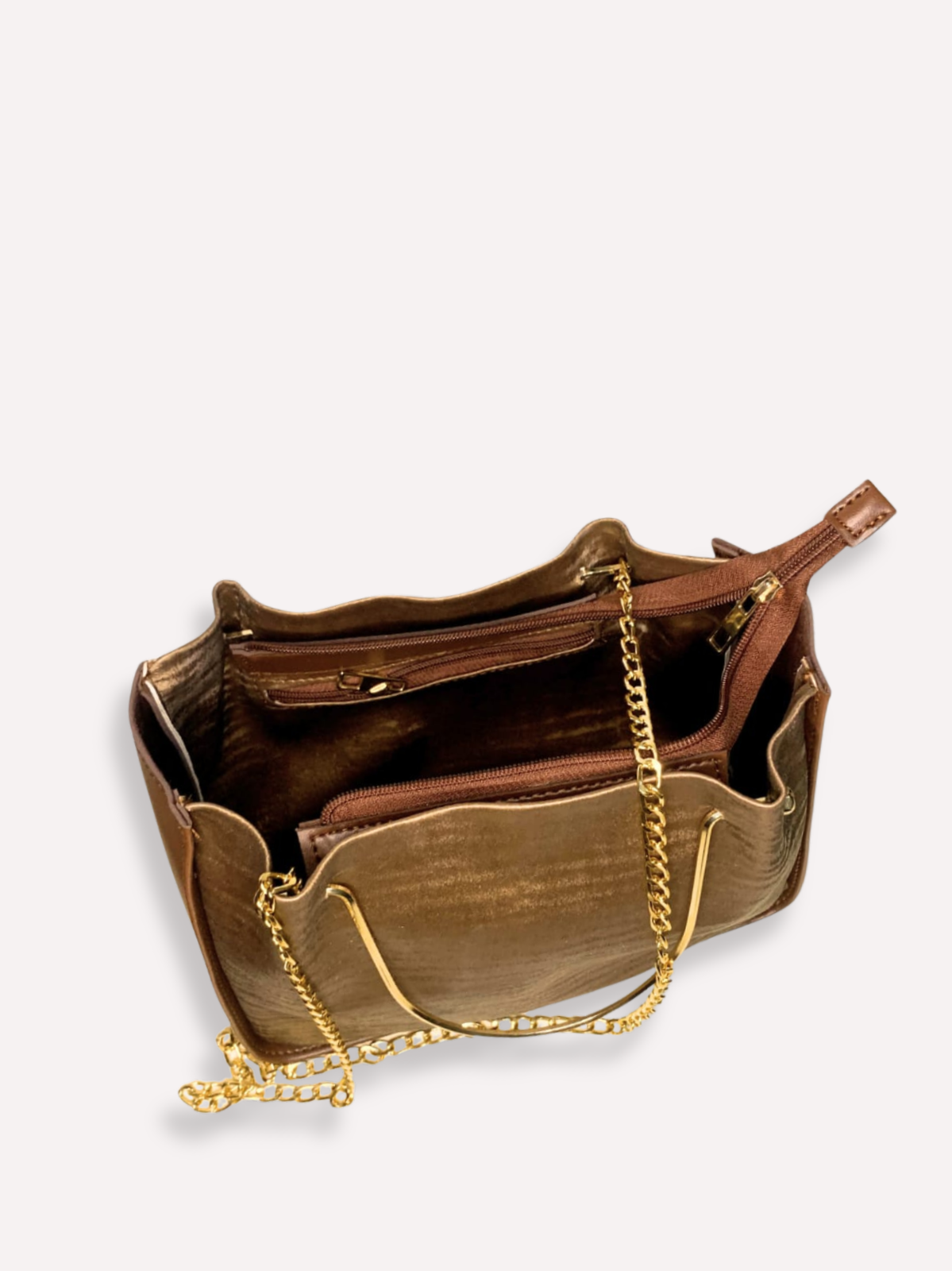 Brown Metallic Handle Shoulder Bag