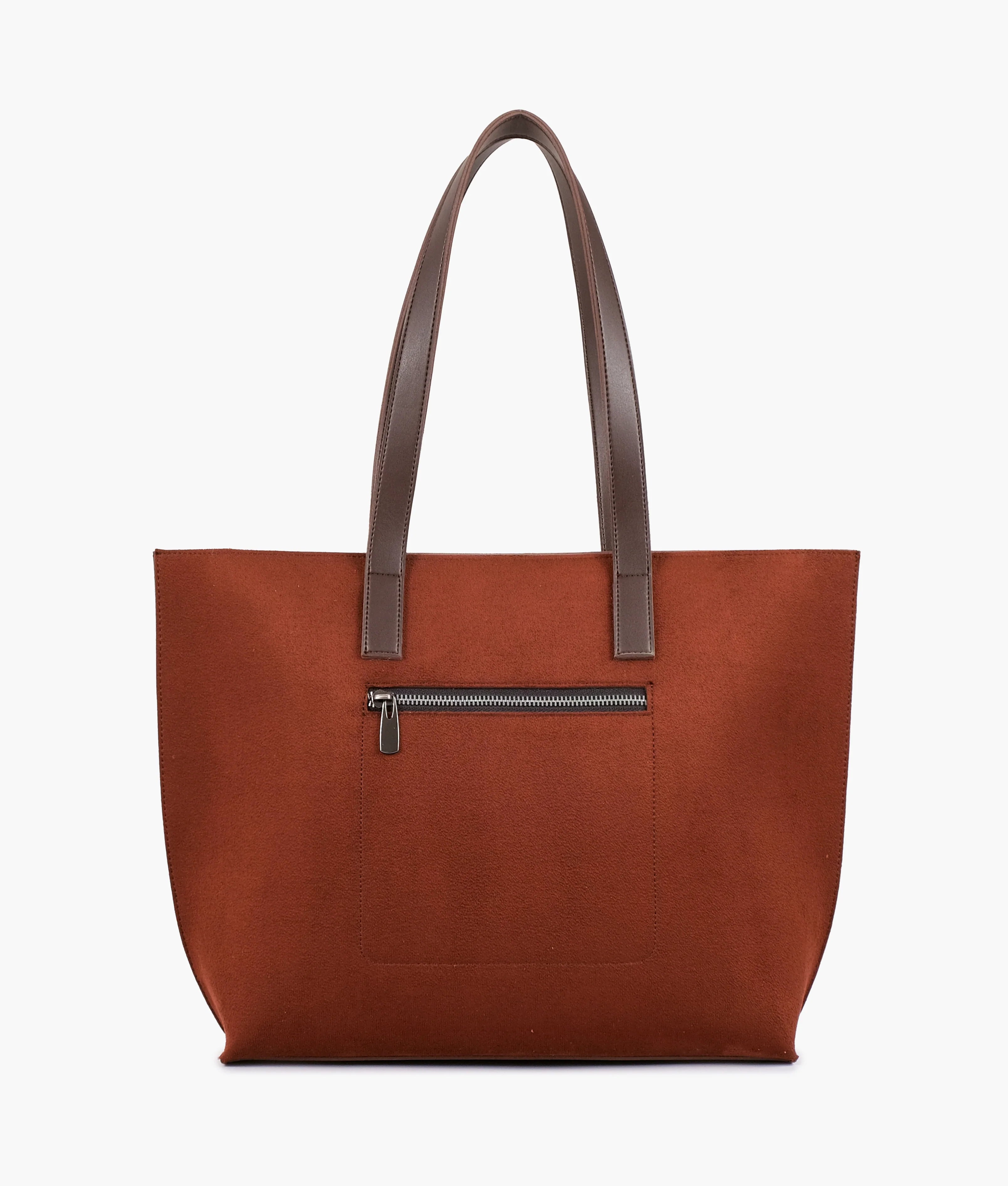 Dark brown suede long handle tote bag