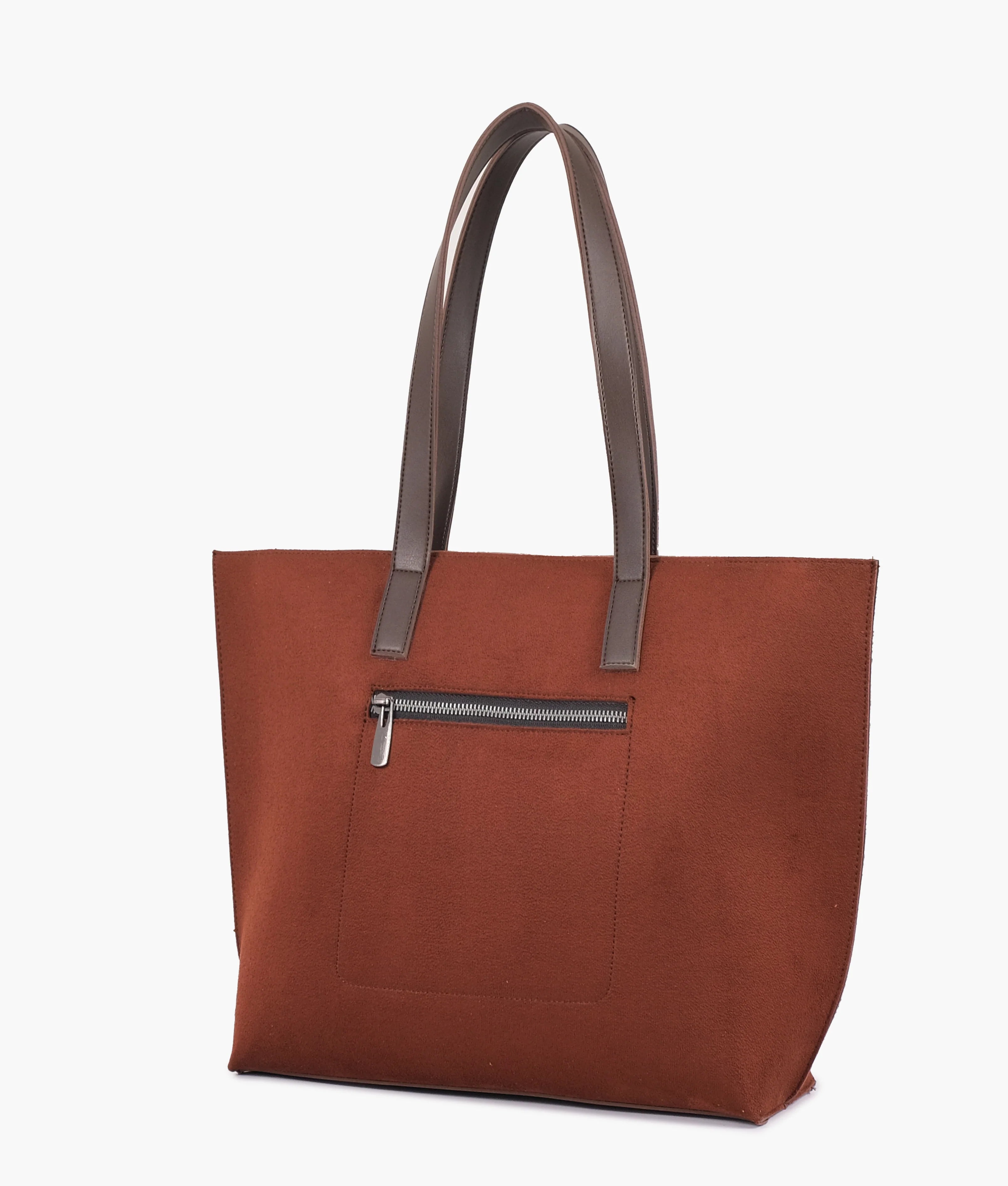 Dark brown suede long handle tote bag