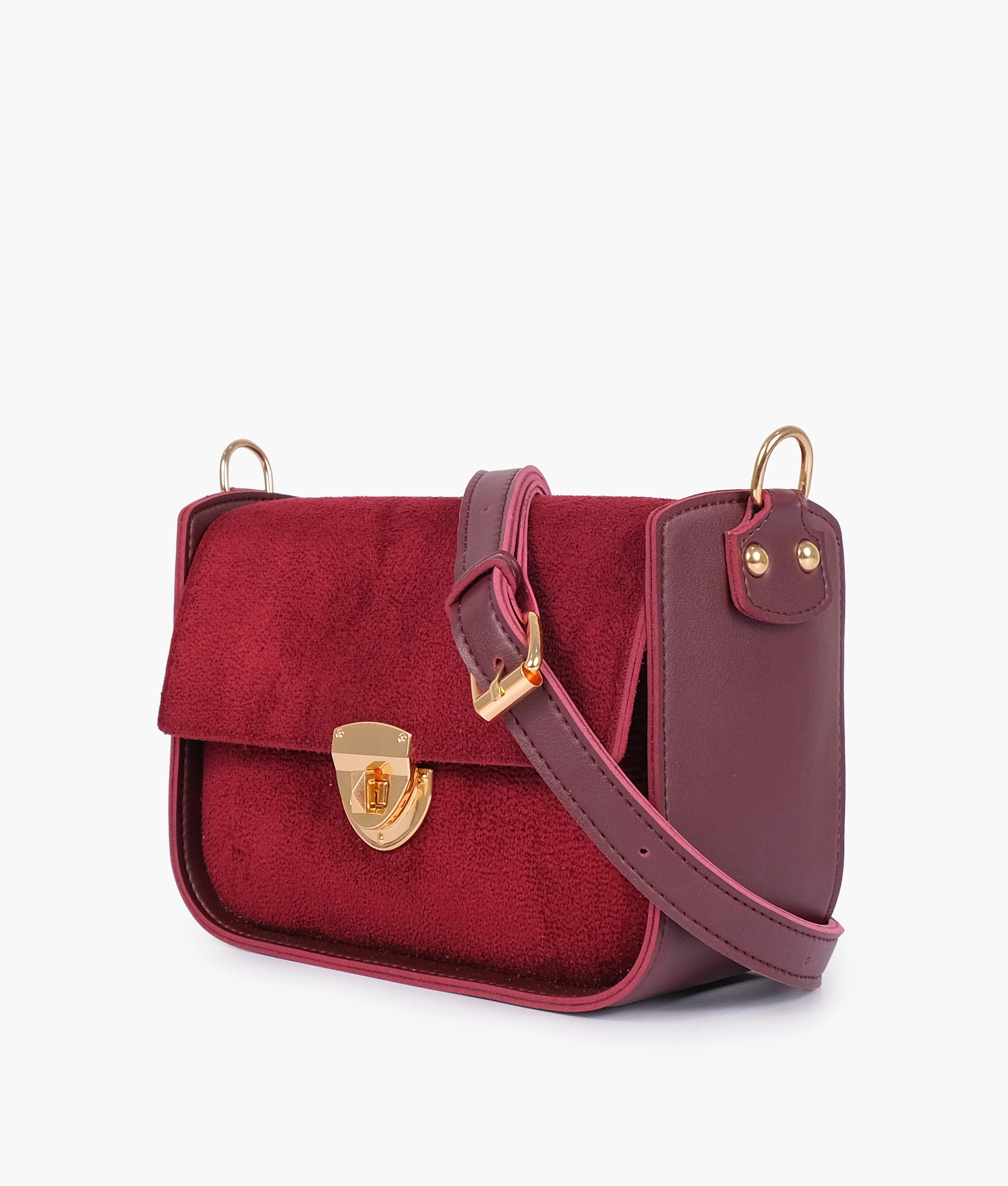 Burgundy Suede Saddle Bag With Twist Lock